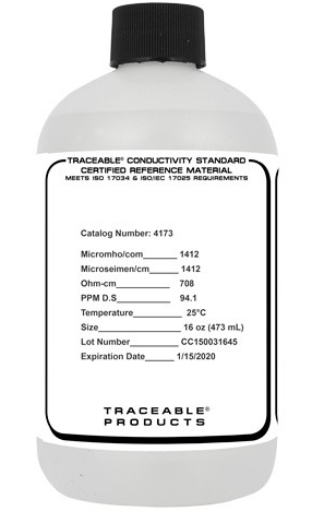 Traceable (Registered)  Conductivity Standards (CRM), 1413 Micromhos, 0.00071 Megohm Resistivity (Sold by Each / Each = 16  oz. Bottle