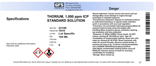 Thorium ICP Standard Solution, 1000 ppm, 100 mL, GFS Chemicals, 23190