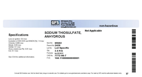Sodium Thiosulfate, Anhydrous, 2.5 kg Poly Bottle, GFS Chemicals, 69582
