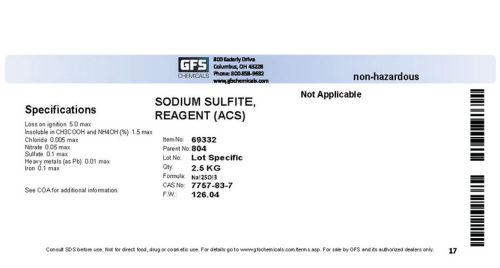 Sodium Sulfite, ACS Reagent Grade, 2.5 kg Bottle, GFS Chemicals, 69332