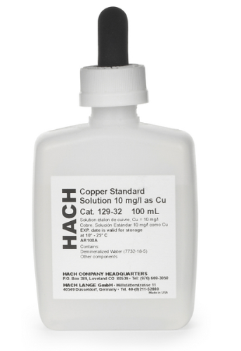 HACH Copper Standard Solution, 10 mg/L as Cu, NIST, 100 mL Measured Dropper Bottle