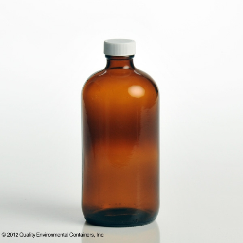 Bottles, Glass, Amber, Boston Round, 300 Series, TFE Lined Polypropylene Cap, 500 mL PRECLEANED with Certificate